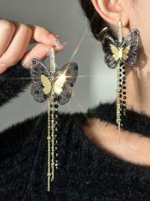 Andkiss 1對水晶&網眼&鑽石裝飾蝴蝶流蘇耳環 - 彩色 - 查看 2