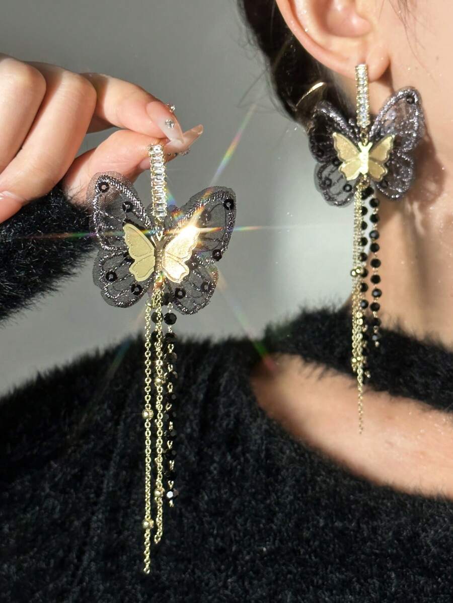 Andkiss 1對水晶&網眼&鑽石裝飾蝴蝶流蘇耳環