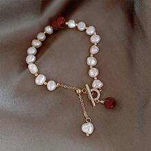 1 件女士黑色串珠淡水人造珍珠手链，配龙虾扣，优雅的日常穿着/婚礼/派对配饰