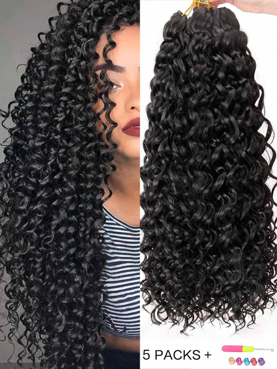 5入組GOGO捲曲勾織頭髮,海洋波浪勾織編織,波浪捲勾織頭髮適合女士海灘捲曲合成纖維編織接髮 - 黑色 - 查看 1