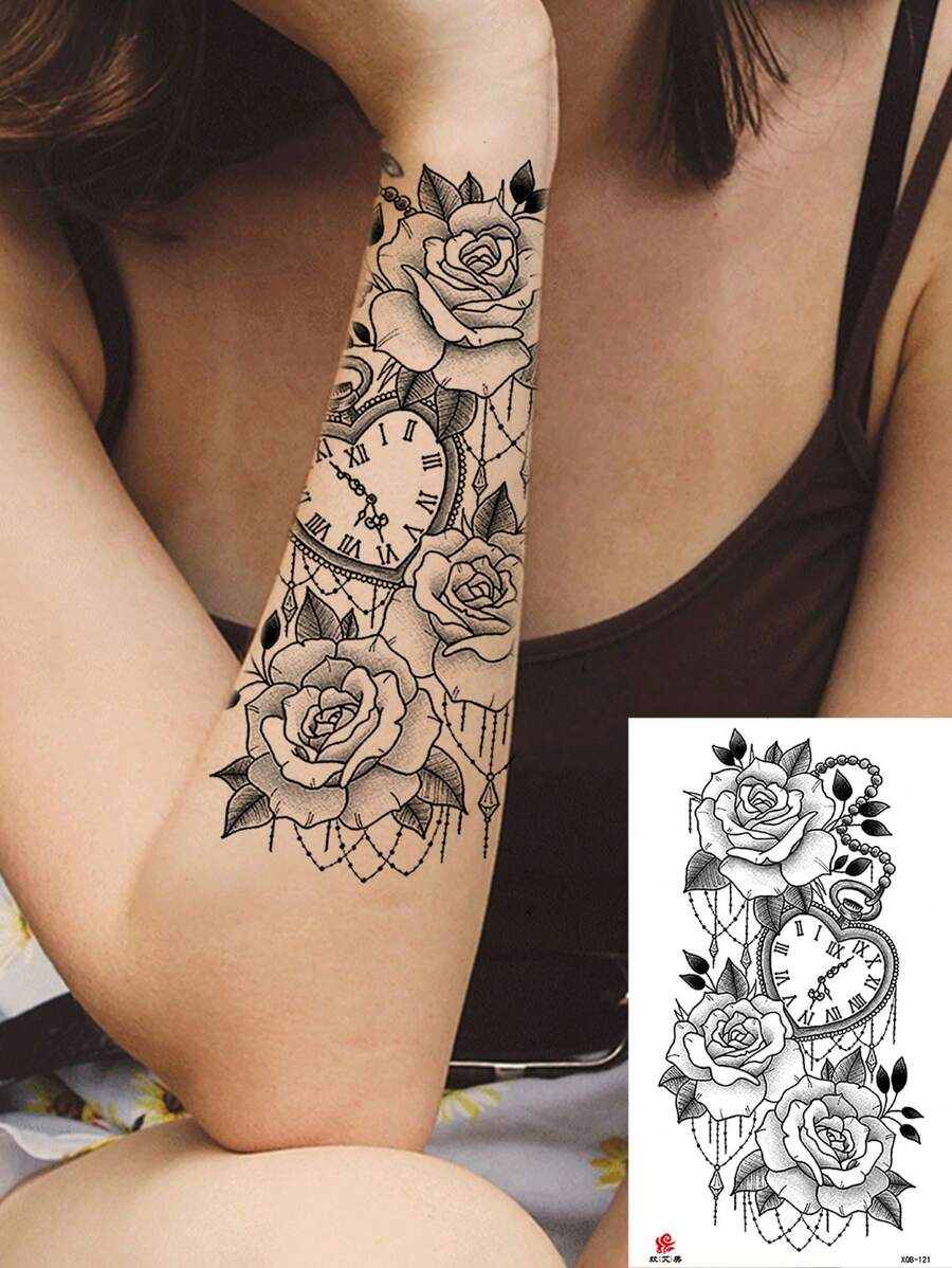 1sheet Rose Flower Chain Pocket Watch Design Temporary Tattoo Sticker For Arm Body Art Adults - Black - View 1