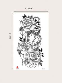 1sheet Rose Flower Chain Pocket Watch Design Temporary Tattoo Sticker For Arm Body Art Adults - Black - View 4