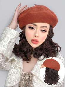 女士貝雷帽內附啞光卷曲合成假髮13英寸長捲髮磚紅色貝雷帽 - Dark Brown - 查看 1