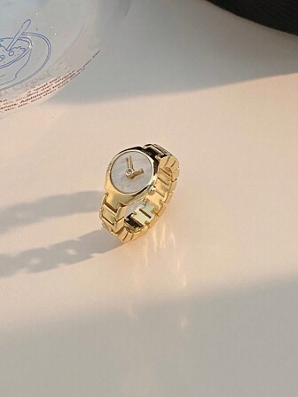 1pc Gold Round Watch Ring, Fashionable Unique Clock Ring Suitable For Women Occasions & Dates