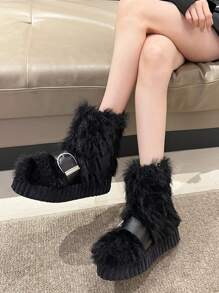 時尚新潮,復古龐克女式皮帶扣雪靴,超保暖舒適,曲奇底,可愛少女風,拉長顯腿,厚底,適合約會和作戰