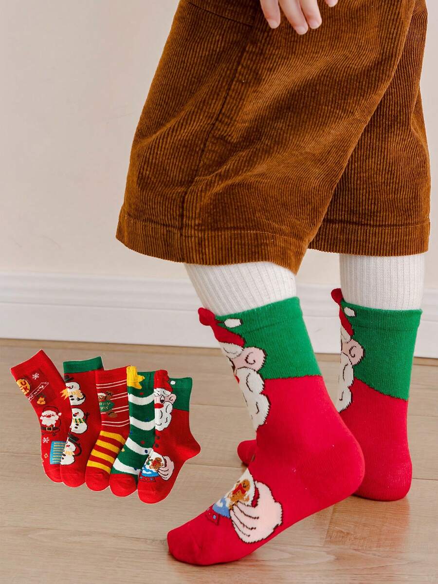 5雙裝男童女童秋冬可愛聖誕老人聖誕雪人條紋潮流中筒襪(1-2)(2-3)(3-8)(8-12)歲 - 彩色 - 查看 1