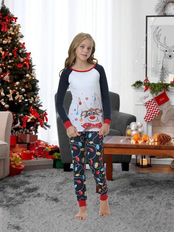 Conjunto De Roupas Femininas De 2 Peças Com Adorável Impressão De Rena E Luz Colorida, Incluindo Tops E Calças Confortáveis, Perfeito Para A Família No Feriado De Natal