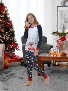 Conjunto De Roupas Femininas De 2 Peças Com Adorável Impressão De Rena E Luz Colorida, Incluindo Tops E Calças Confortáveis, Perfeito Para A Família No Feriado De Natal