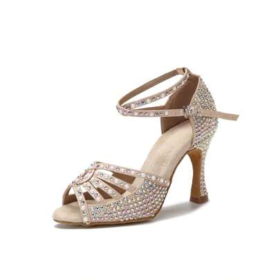 1pair Apricot Diamond-encrusted Pearl & Satin Fashionable And Comfortable High Heel Latin, Chacha, Ballroom Dance Shoes