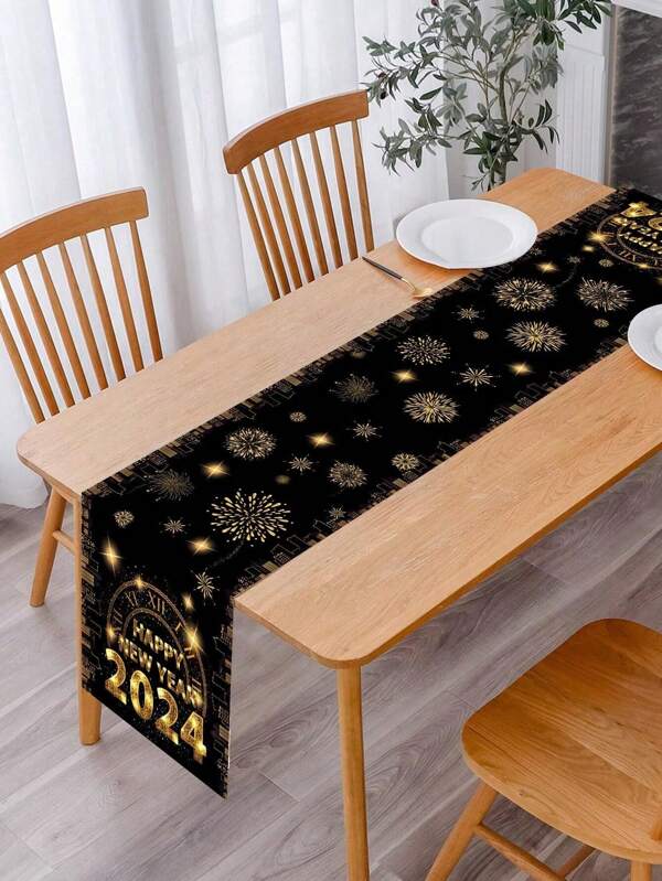 1pc Polyester Black Gold Happy New Year Table Runner,2024 New Year Party Decorations Background Table Runner,Black Gold Home Party Supplies Tablecloth