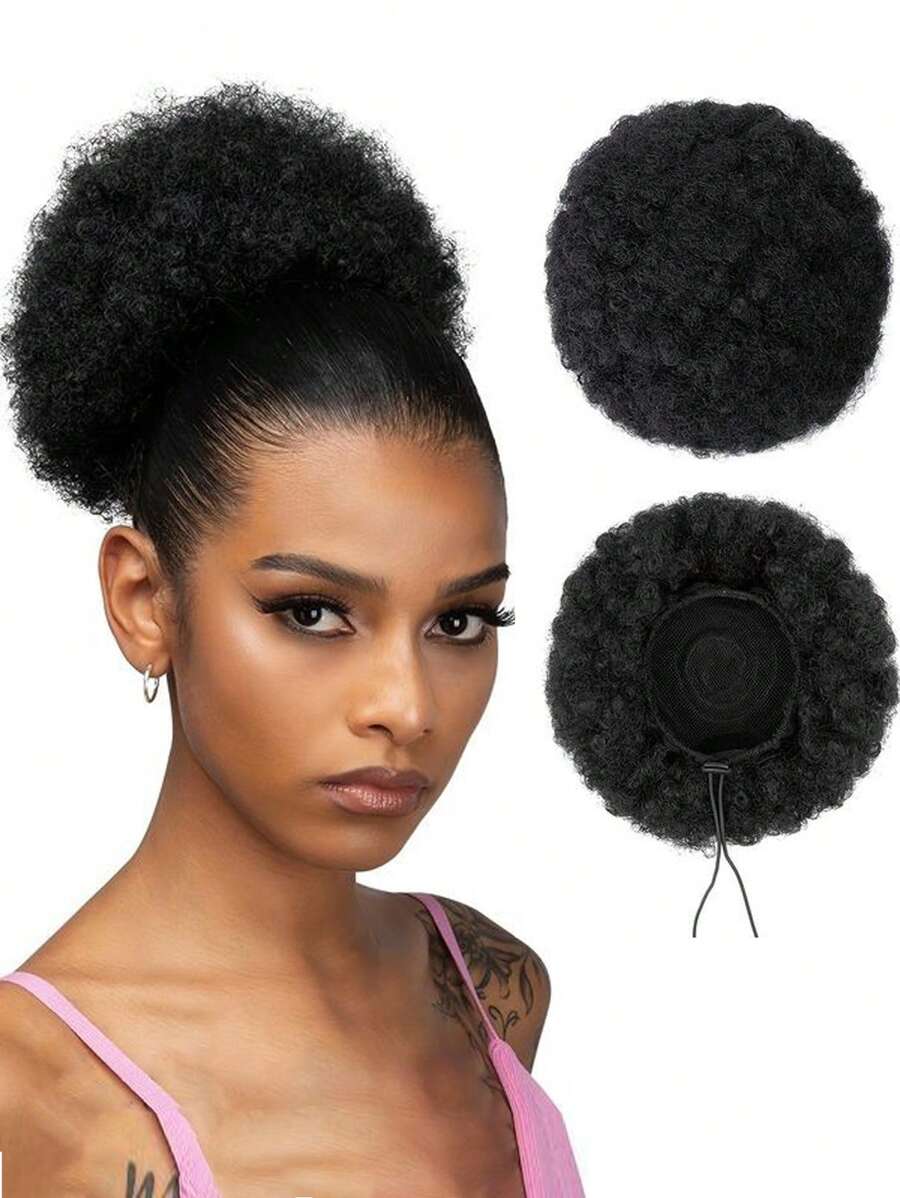 Afro Puff Drawstring Ponytail Kinky Curly Bun Hair Synthetic Short Extensions Hairpieces Updo Hair for  Girls - Black - View 1
