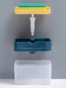 1pc Liquid Soap Dispenser With Built-in Cleaning Sponge Holder And Scrub Brush For Kitchen Sink - Navy Blue - View 2