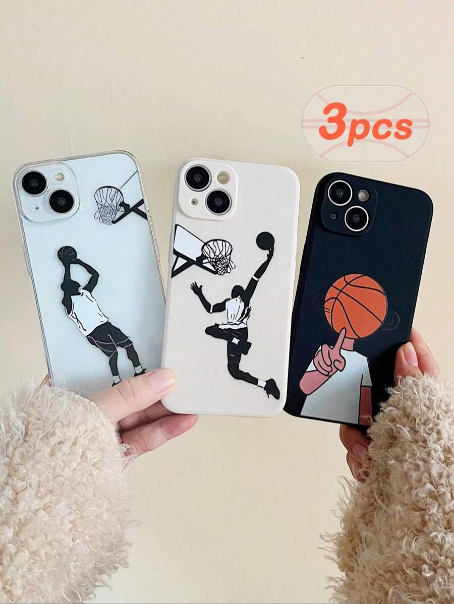 苹果 3 件装透明手机壳，印有篮球图案，哑光黑/白，适用于 iPhone 16/16 Pro/16 Plus/16 Pro Max