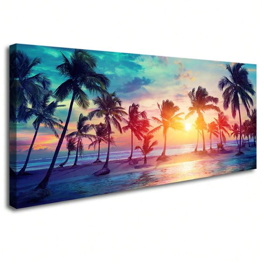 1 件帆布牆藝術棕櫚樹剪影在熱帶海灘日落海灘海景畫自然圖片客廳家庭辦公室牆壁裝飾藝術品,無框 - 彩色 - 查看 1
