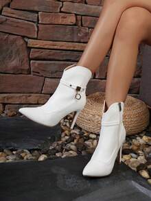 女士白色時尚尖頭高跟靴 - 白色 - 查看 1