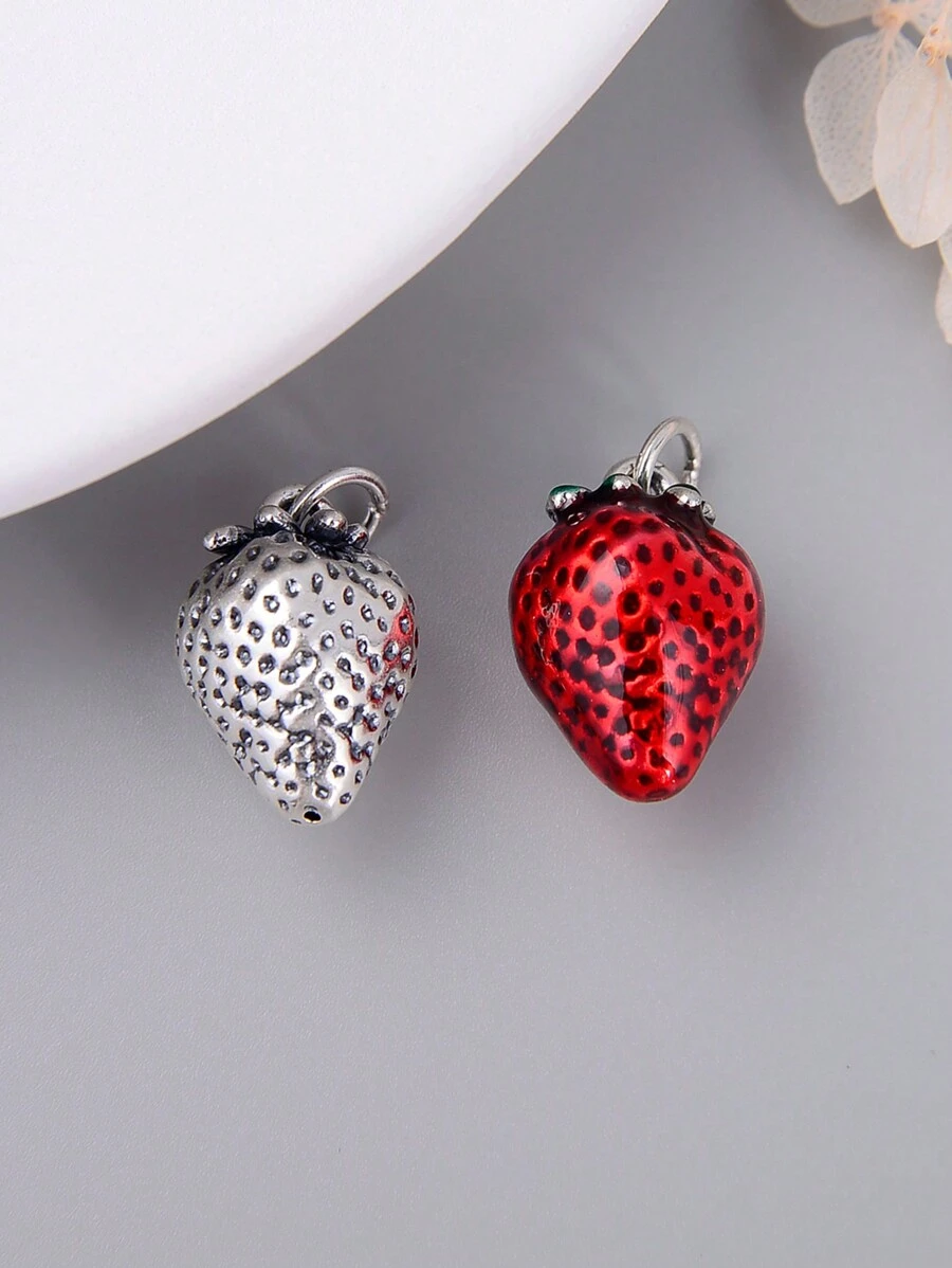 1個時尚925純銀和紅色搪瓷草莓形吊墜,適用於diy、送給朋友、生日、母親節、日常佩戴 - 銀色 - 查看 1
