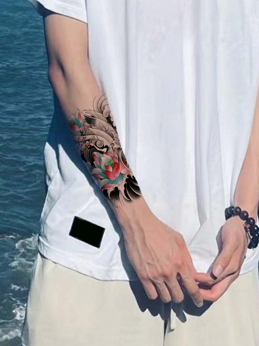 1件男性臨時紋身貼,祥雲蓮花鯉魚海浪假紋身,手臂藝術水轉印防水貼紙 - 黑色 - 查看 1
