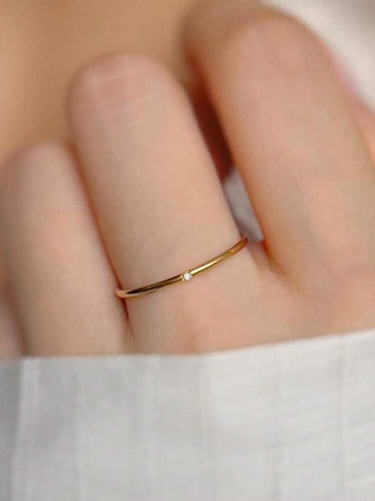1 Pieza Anillo De Acero Inoxidable Brillante Ultra Delgado Y Simple A La Moda Para Mujeres, Adecuado Para Uso Diario - tres diamantes - Añade 6