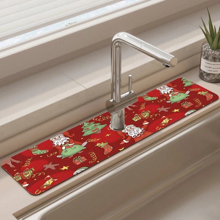 1pc Christmas Themed Faucet Drain Pad, Bathroom Kitchen Anti-splash Pad, Diatomaceous Earth Anti-moisture & Anti-slip Faucet Mat, Kitchen Countertop Accessory - Multicolor - View 1