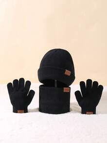 兒童中性汽車標誌針織帽、針織手套和圍巾套裝,休閑經典保暖(1針織帽+1針織手套+1針織圍巾) - 黑色 - 查看 2