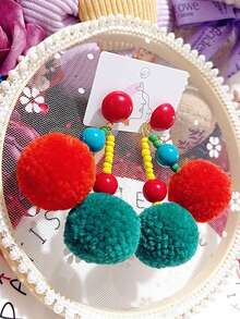 2入組可愛樹脂材質秋冬聖誕節暖色誇張珠串彩色毛球女式手工長耳環,適用於日常佩戴 - 彩色 - 查看 3