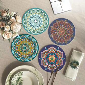 4pcs Round Absorbent Heat Insulated Cup Coasters Made Of Polyester Fiber, Soft, Washable, Suitable For Festival Dining Table Decoration, Perfect For Party And Holiday Gifts, All-season Use