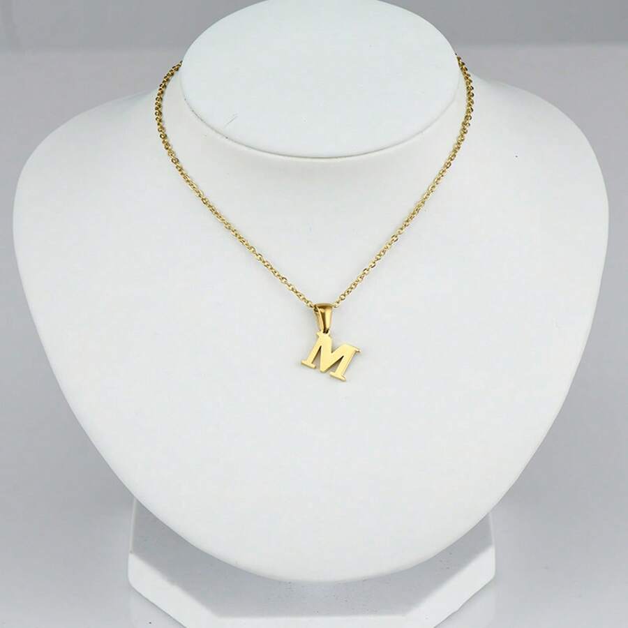 1入流行時尚不鏽鋼字母吊墜項鍊，DIY字母吊墜項鍊，名字定制禮物 A-Z字母吊墜女士項鍊 - 金黃色 - 查看 1
