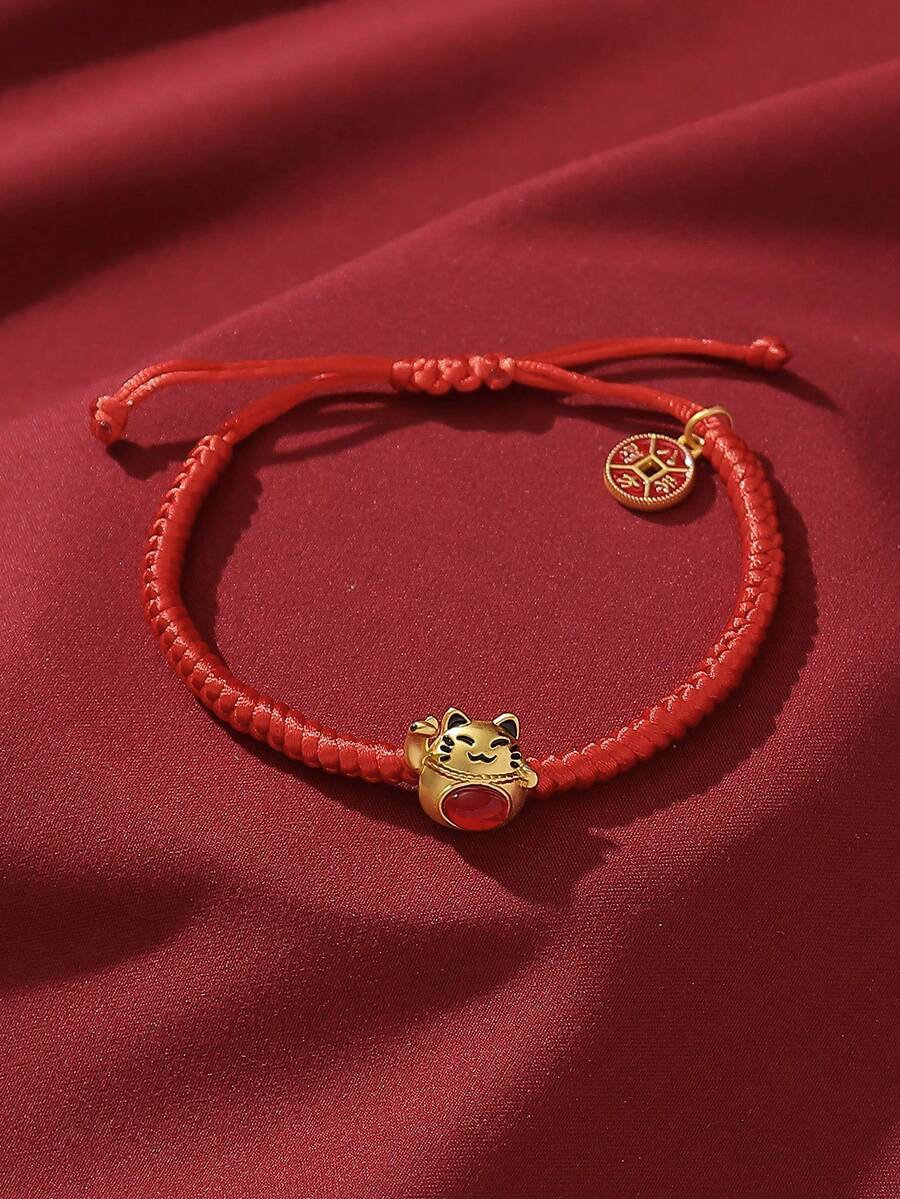 1入組時尚節慶全配/流行招財貓&龍&蘋果&怪物設計紅色女士彈性繩手鍊,適合假期,休閒,派對和日常佩戴