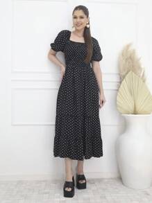 Vestido Na Canela Bolinha Manga Bufante - Preto - Visão 1