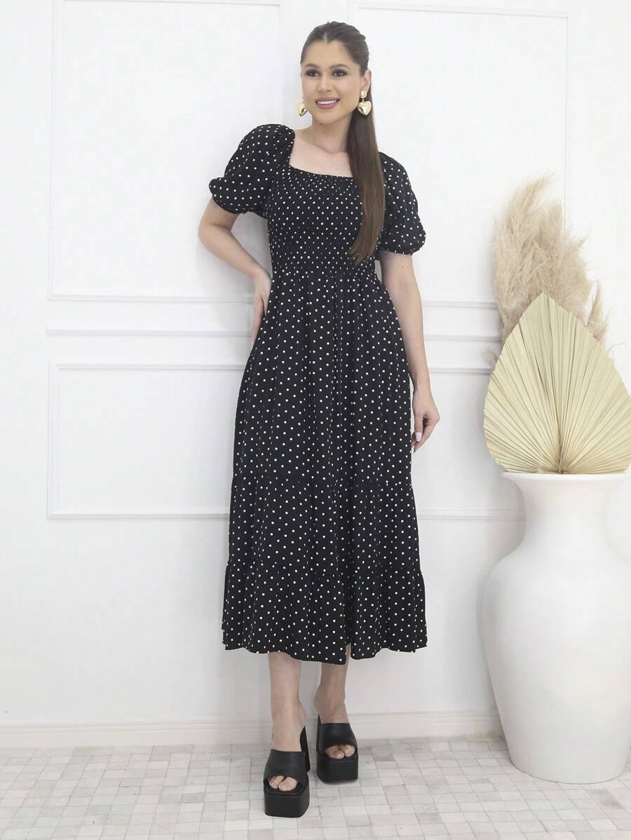 Vestido Na Canela Bolinha Manga Bufante - Preto - Visão 1