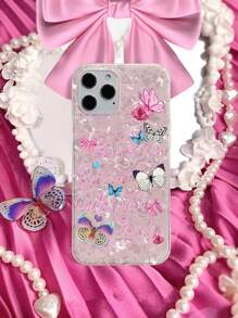 少女漸層珍珠殼蝴蝶結設計保護手機殼相容 Iphone 15 14 13 12 11 Xs Xr X 7 8 Plus Pro Max 小米三星 - 粉色 - 查看 1