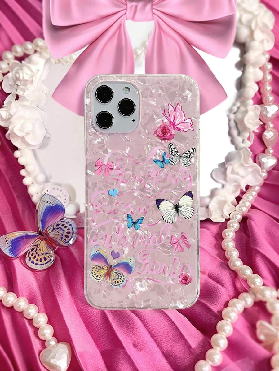 少女漸層珍珠殼蝴蝶結設計保護手機殼相容 Iphone 15 14 13 12 11 Xs Xr X 7 8 Plus Pro Max 小米三星 - 粉色 - 查看 1