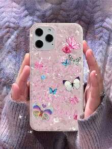少女漸層珍珠殼蝴蝶結設計保護手機殼相容 Iphone 15 14 13 12 11 Xs Xr X 7 8 Plus Pro Max 小米三星 - 粉色 - 查看 2