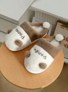 Pantoufles en peluche de panda de dessin animé pour femmes, couleur kaki, chaudes et antidérapantes, avec semelles épaisses pour la maison en hiver