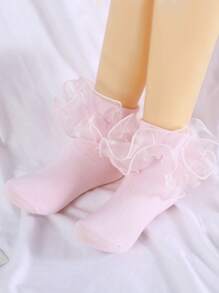 1pair Children's Solid Color Glitter Lace Short Socks For Mid-small Kids - Pink - View 6