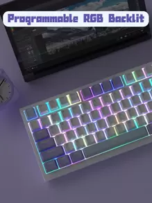 AJAZZ AK820 Mechanical Keyboard Customised Keyboard Gasket Construction Full Key Hot Swap PC Slotted 5-Layer Noise Reduction Padded PBT Keycaps Wired Version RGB Sea Salt Switch Blue White Purple - Blue - View 4