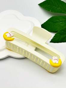 1個女性中空大長方形髮夾,帶彈唱吉他月兔圖案,有米色、棕色、卡其色和黑色多種可選 - 米色 - 查看 2