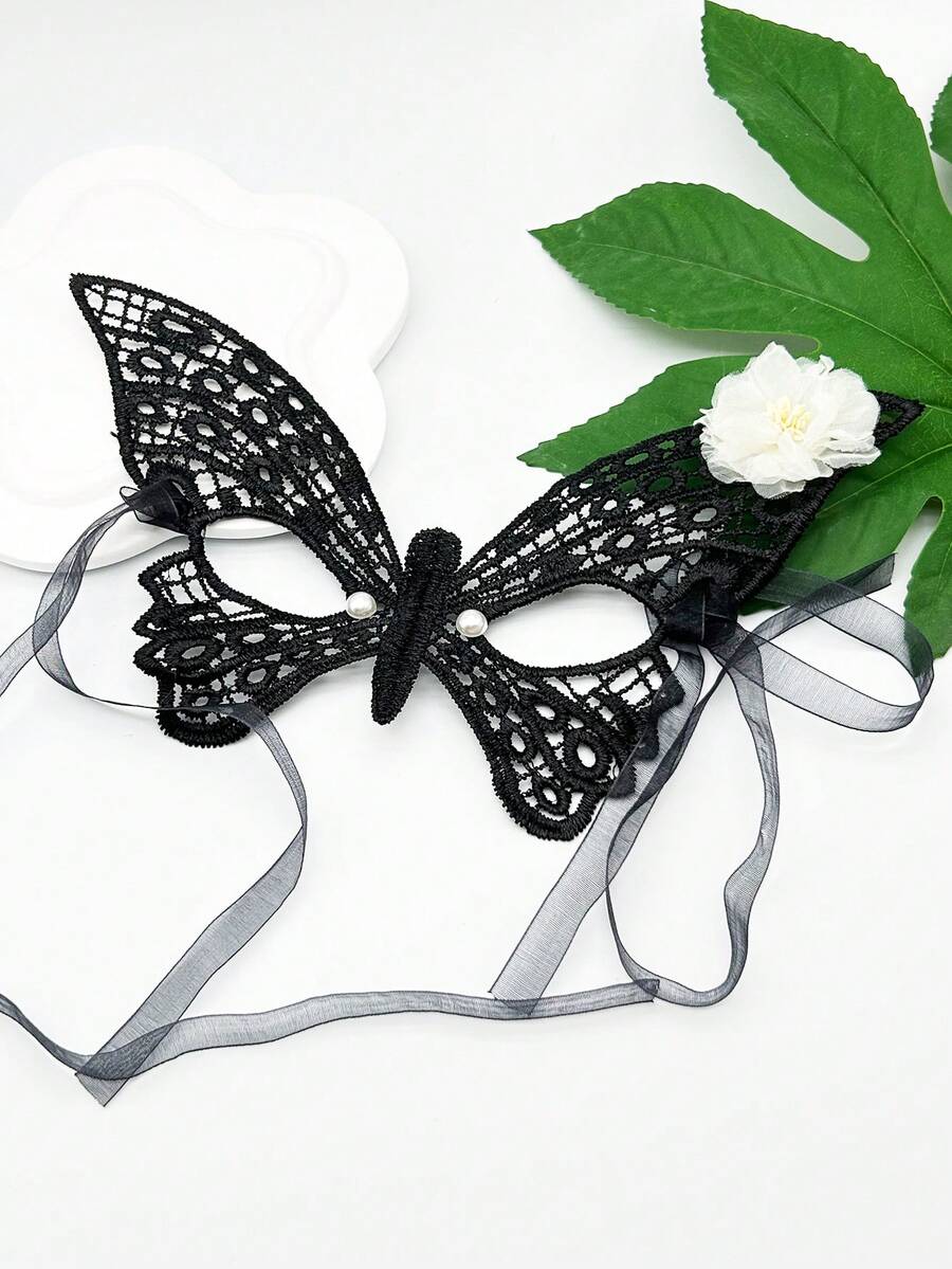 1pc Girls' Mesh Butterfly & Flower Design Lace Mask Face Covering, Multiple Colors Available - White - View 1