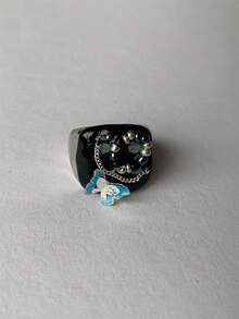 1pc Design A Y2k Style Cool Three-dimensional Drip Oil Butterfly Ring For Women, Hand Set With Sparkling Rhinestones, Unique Flower & Adjustable Open Ring - Type a - View 10