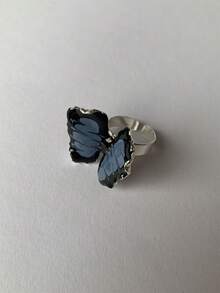 1pc Design A Y2k Style Cool Three-dimensional Drip Oil Butterfly Ring For Women, Hand Set With Sparkling Rhinestones, Unique Flower & Adjustable Open Ring - Type a - View 8