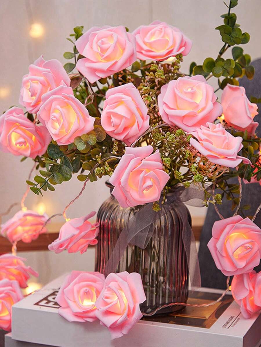 1入組led粉色玫瑰造型串燈,提供情人節告白的浪漫氛圍,仿真玫瑰串燈,diy發光花束,6.6英尺/ 2米,10顆燈,適用於生日婚禮派對禮品、派對房間牆面背景裝飾用品