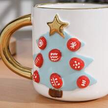 1pc Cartoon Ceramic Christmas Tree Pattern Mug With Gold Rim, No Lid, Couple Breakfast Cup - Green - View 4