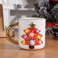 1pc Cartoon Ceramic Christmas Tree Pattern Mug With Gold Rim, No Lid, Couple Breakfast Cup - Green - View 8