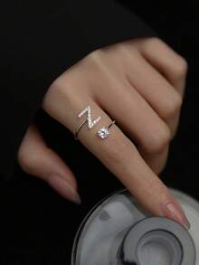 A Simple And Versatile S925 Silver Solitaire Diamond With 26 English Letters Adjustable Open Ring For Daily Wear By Women - AND - View 5