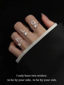 A Simple And Versatile S925 Silver Solitaire Diamond With 26 English Letters Adjustable Open Ring For Daily Wear By Women - AND - View 6