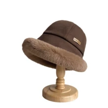 女士厚實毛絨桶帽，經典純色保暖耳罩盆帽，戶外防寒桶帽休閒風格 - 咖啡棕 - 查看 4