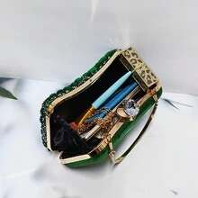 1件閃爍鑽石裝飾綠色晚宴手拿包,金屬手柄,適用於婚禮,派對,生日禮物,女性 - 墨綠色 - 查看 6