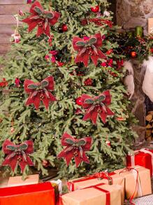 1入組紅色聖誕絲帶蝴蝶結,松果和金色閃粉蝴蝶結,聖誕派對裝飾掛飾