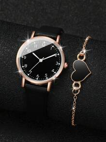 1 pieza Reloj de pulsera de cuarzo con correa simple y elegante con esfera pequeña + 1 pieza Pulsera con forma de corazón (Set de 2 piezas) para San Valentín