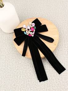 1入黑色復古風格天鵝絨緞帶,配色彩色鑲嵌心形裝飾胸針/別針,適合日常穿著、派對和聚會 - 黑色 - 查看 4